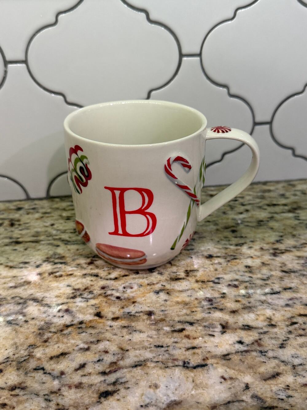 NWT-Anthropologie Holiday Monogram B Mug Christmas Candy Cane Macaron
